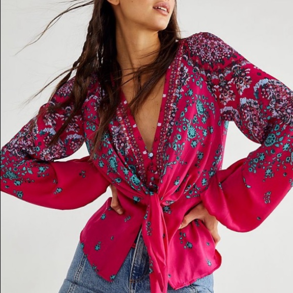 Free people run free Blouse. Color hot pink combo. Brand new without tags